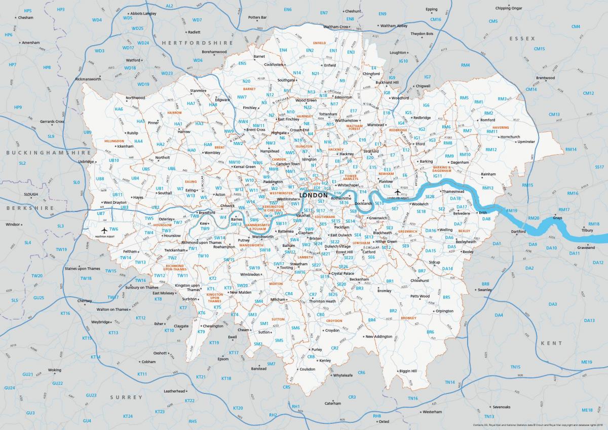 Kod pocztowy, mapa Londynu