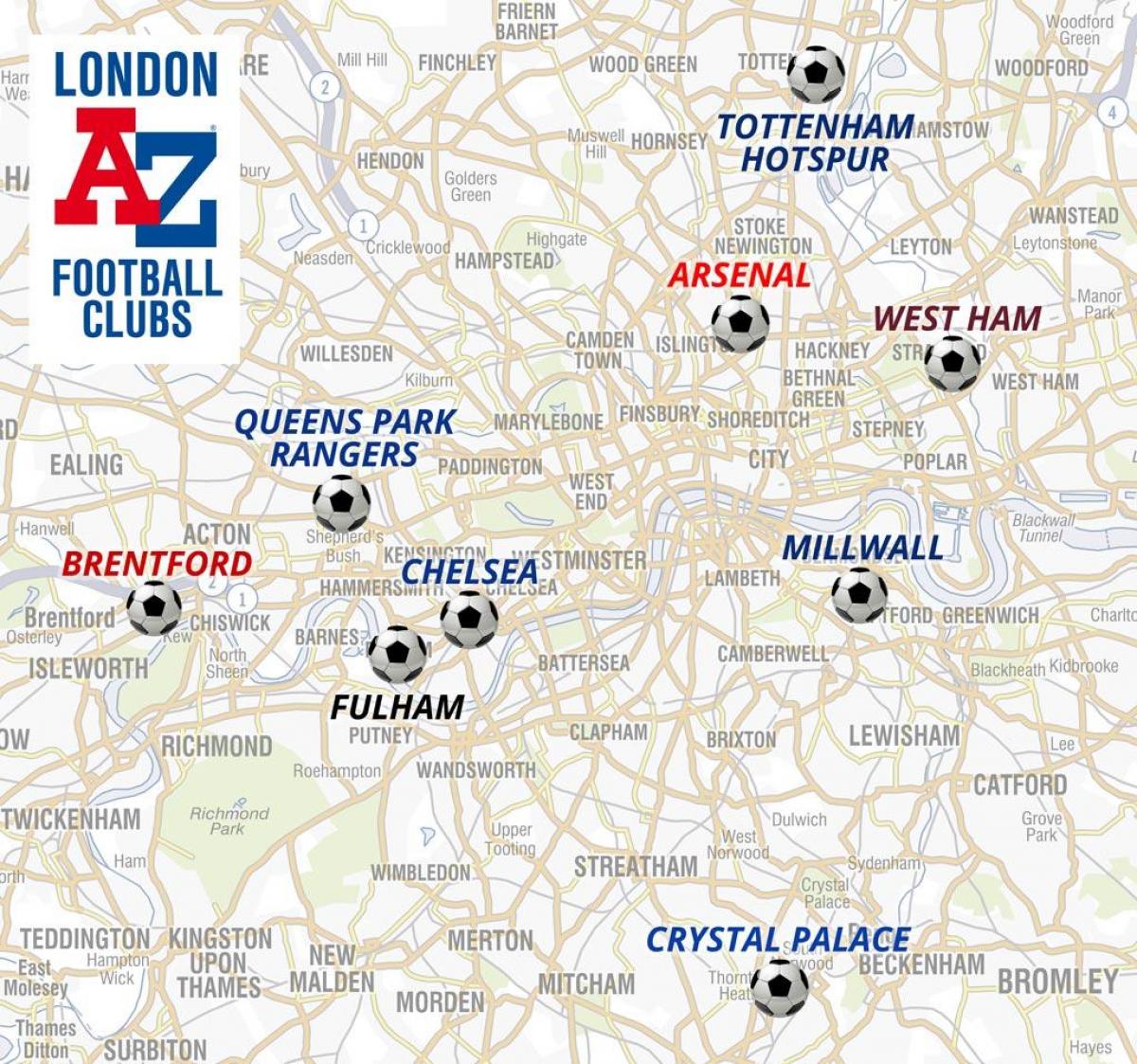 mapa stadiony piłkarskie w Londynie