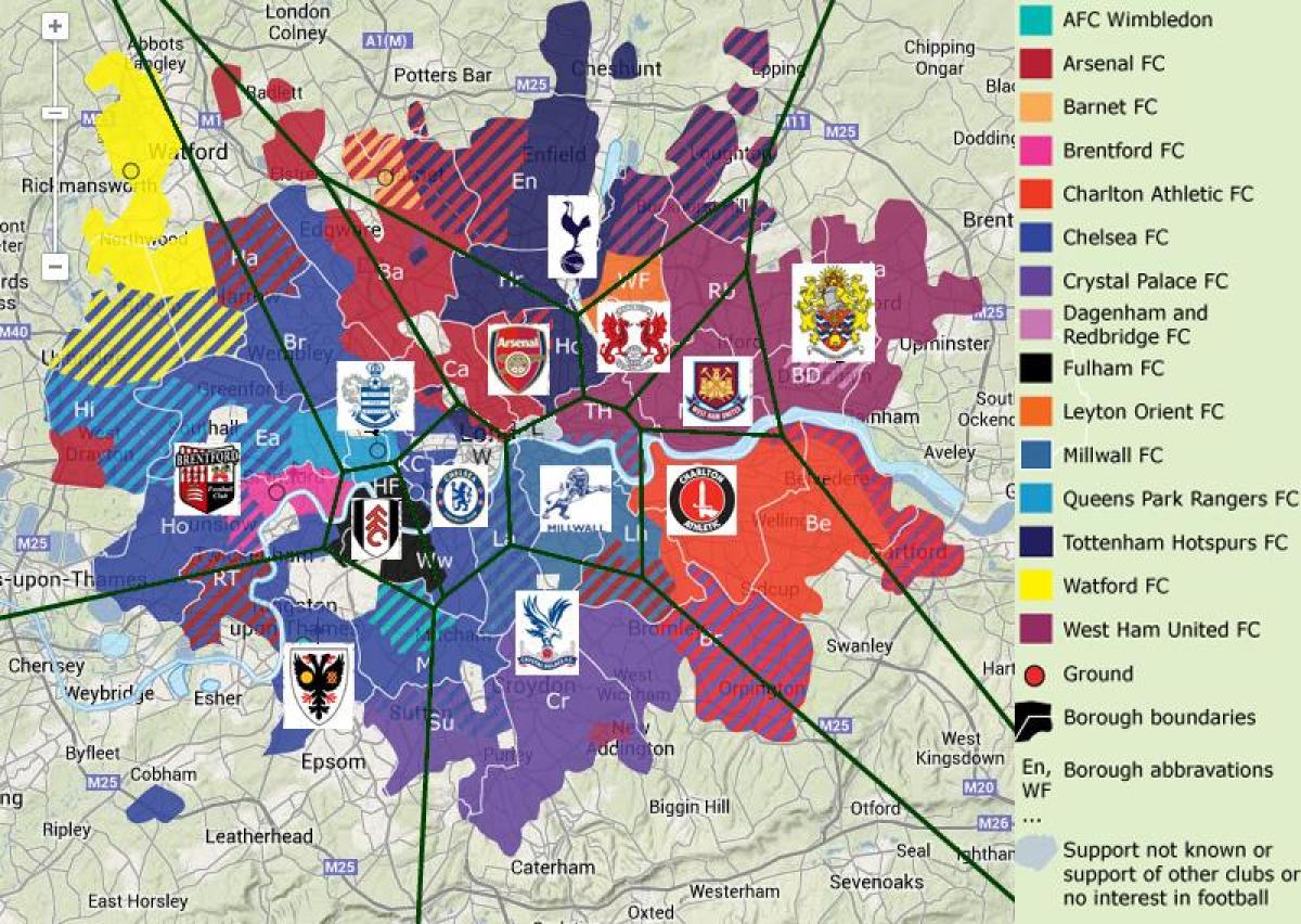 London piłki nożnej drużyn mapie